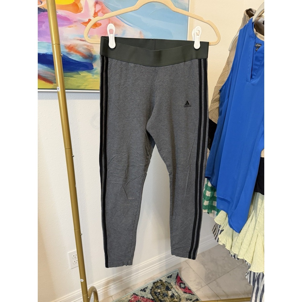 Women's Sz L Adidas Tights Gray w/Black Stripes 7/8 Length High Rise